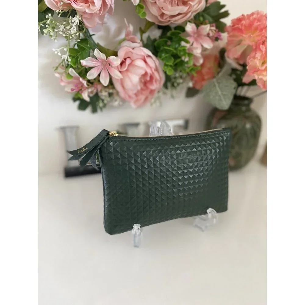 Vintage Ipsy Glam Cosmetics Makeup Bag Dark‎ Green Bag Textured Zippered GUC